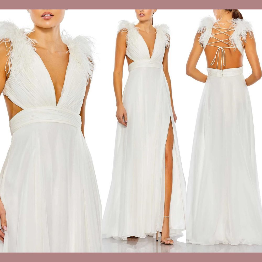 NWT $498 Mac Duggal [ 14 ] 68113 Plunge Ostrich Feather A Line‎ Gown White